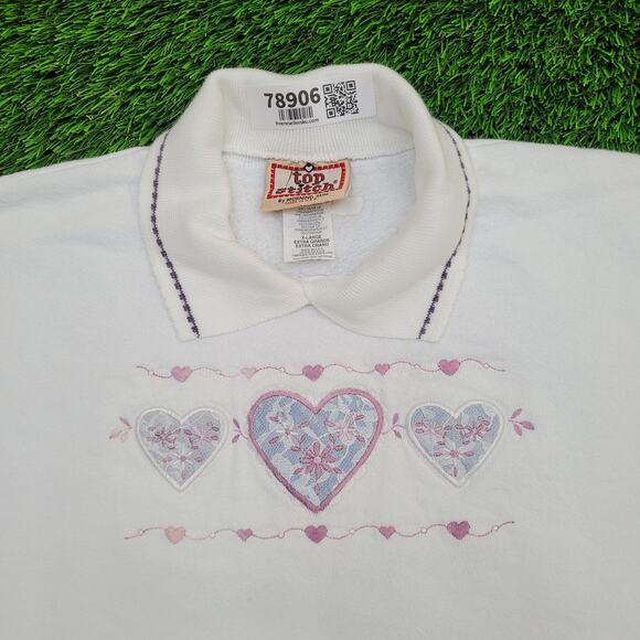 Vintage 80s Flower Heart Collared Sweatshirt Women XL 23x24 USA - Picture 11 of 13